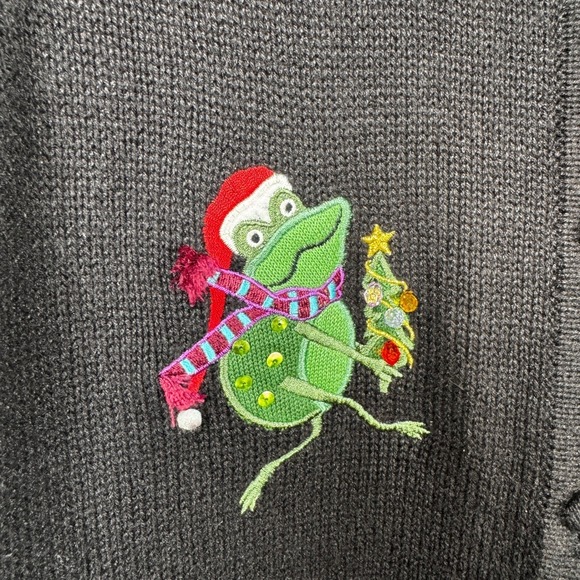 Christmas Sweater Cardigan Vest Black Green‎ Frog Novelty Snowflakes Women's 1X - Picture 10 of 15